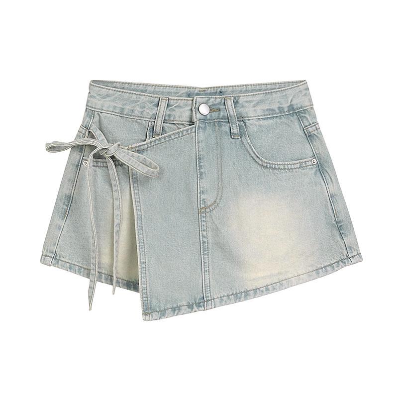 

Women s Summer Light Blue High Waist Plus Size Tie-Up Denim Pantskirt L світло-синій колір