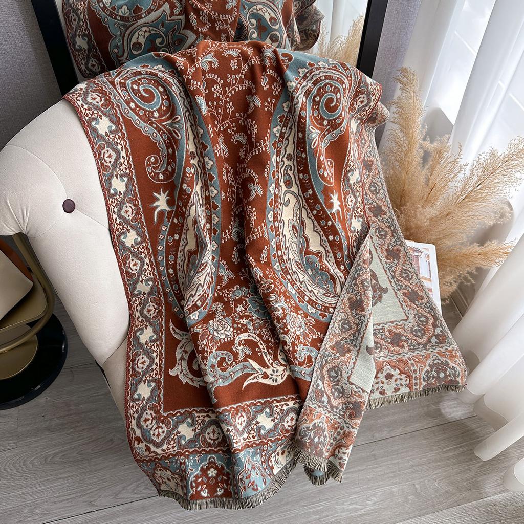 Tjock halsduk i imiterad kashmir för damer, vinter, dubbelsidig, kontrastfärg, jacquard, cashewmönster, retro etnisk stil sjal