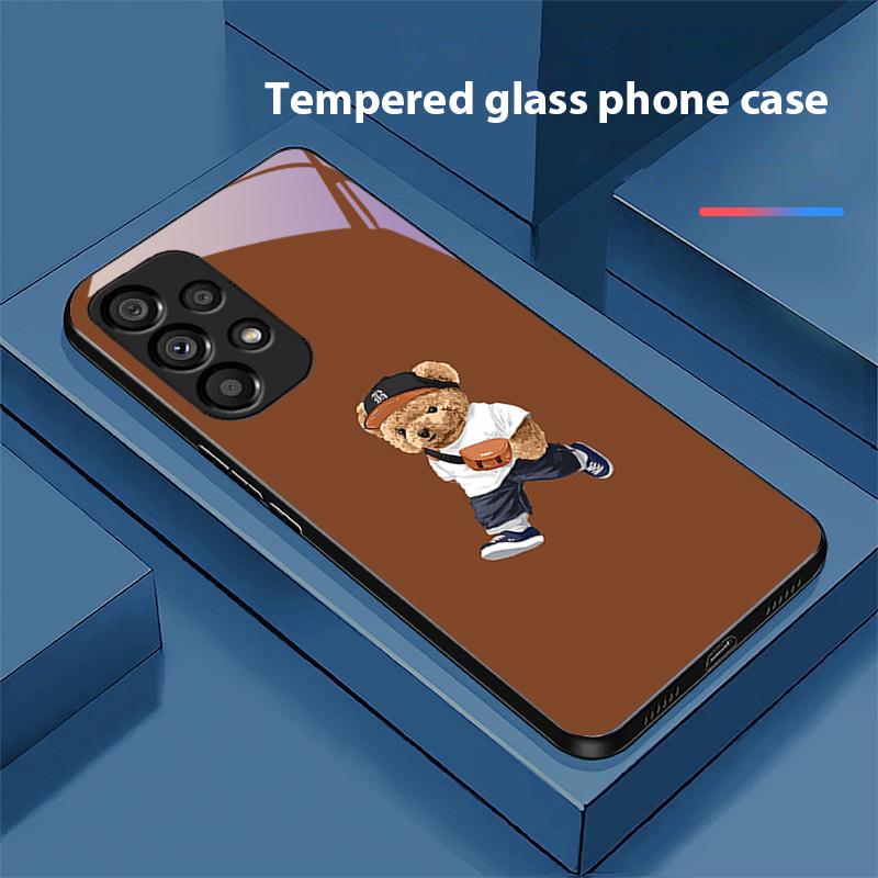 Backpack Bear White For Samsung Galaxy S 8 9 10 20 Plus 21 FE 22 23 24 Ultra S7 Edge Black Tempered Glass Phone Case Hard Shell