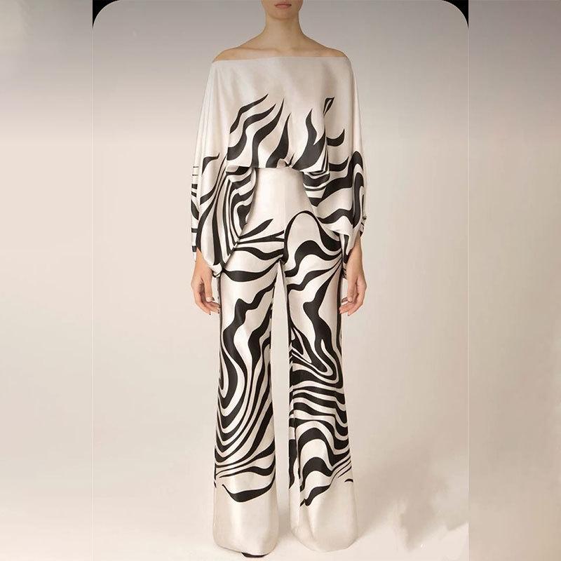 European & American Women's Print Top & Wide-Leg Pants Set with Batwing Sleeves