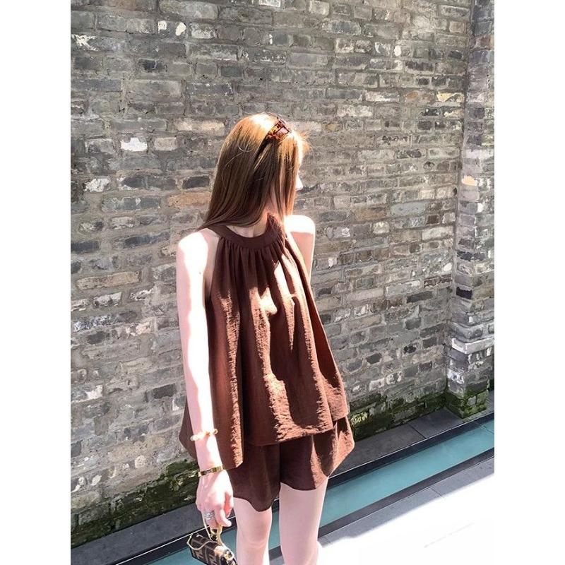 Summer Casual Sleeveless Off Shoulder Tie Front Crop Top and Shorts Two Piece Set Cover Tummy