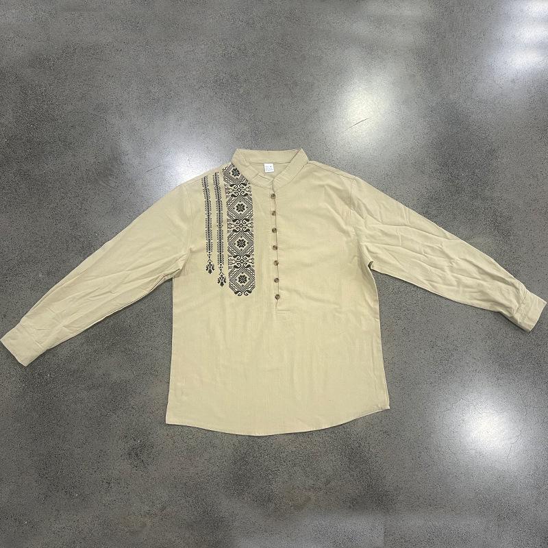 Men Linen Blend Long Sleeve Shirt, Mandarin Collar Ethnic Geometric Print Half Button Henley Shirts Casual Beach Bohemian Tops For Men Multiple Colors