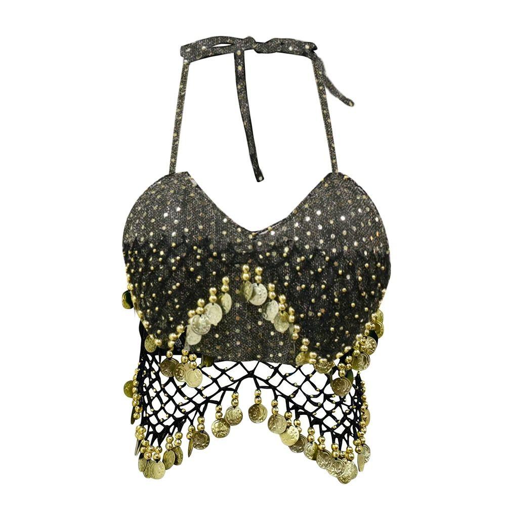 Halter Neck Latin Dance Top Tassel Sequins Crop Top Charming Stage Performance Top  Nightclub