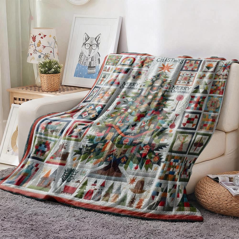Vintage Quilted Christmas Tree & Patchwork Fleece Blanket Merry Christmas Festive Winter Throw Blanket Soft for Holiday Gift