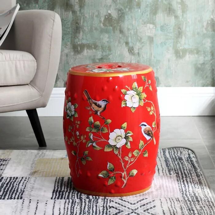 New Chinese Style Ceramic Drum Stool, Floral Bird Design Ottoman for Entryway&Living Room, Decorative Shoe Bench and Home Decor