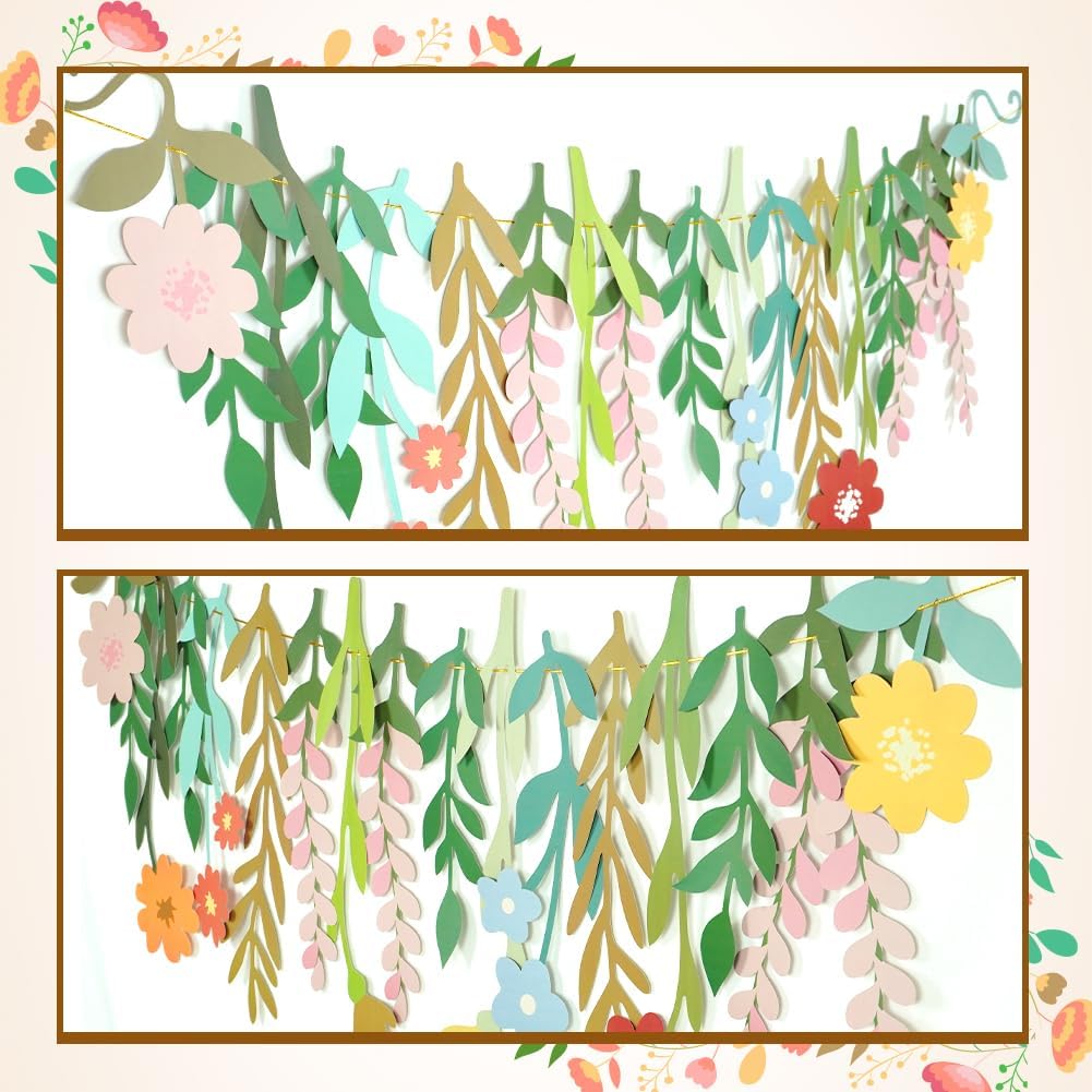Flower Banner, Groovy Boho Floral Leaf Banner, Double-Sided Waterproof Colorful Wildflower Party Decorations for Birthday Garden Wedding Backdrop