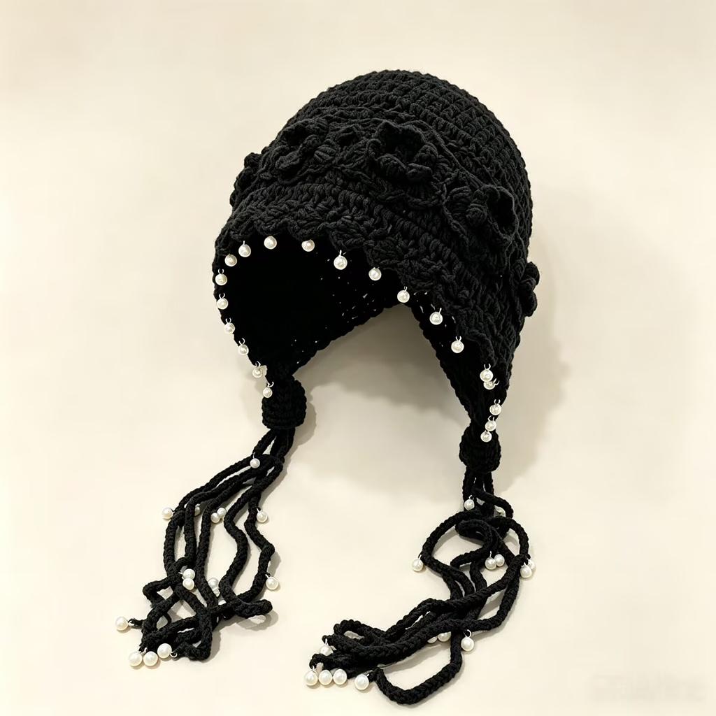 Pearl tassel three-dimensional flower knitted wool hat women's spring and summer hand-woven ethnic style pullover hat Baotou hat
