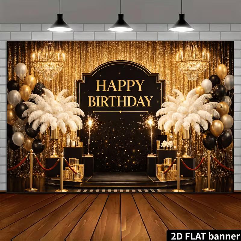 2D Roaring 20s Happy Birthday Backdrop Black Gold Glitter Curtain Party Background Banner
