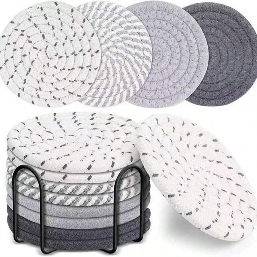 8Pcs Cotton Rope Woven Coaster with Holder Table Insulating Mat for Cup Bowl Resistant Coffee Shop Desktop Protection Pad