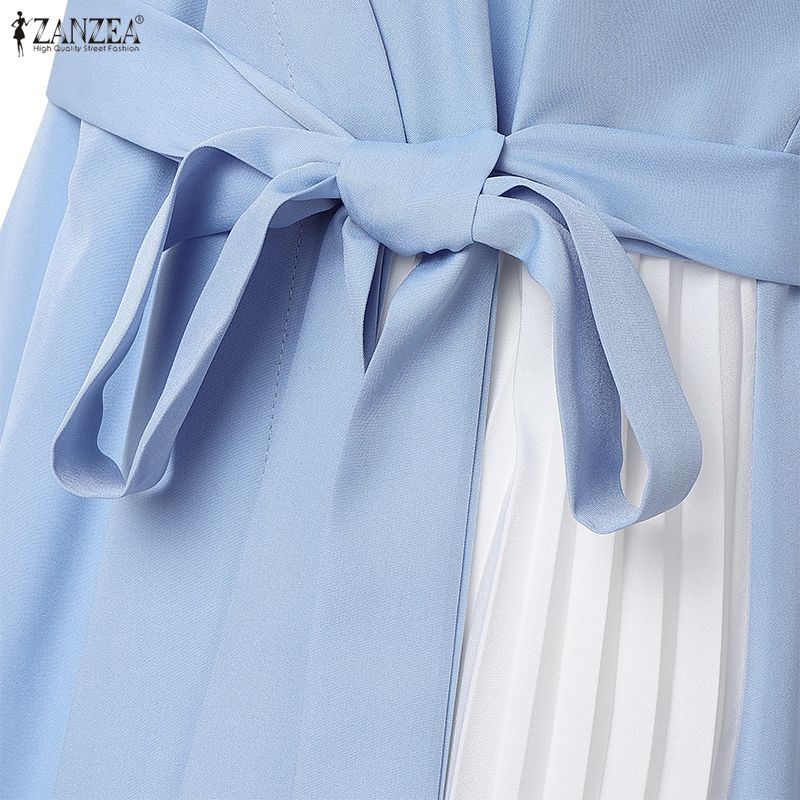 ZANZEA Women Summer Turn Down Collar Casual Patchwork Short Sleeve Dress