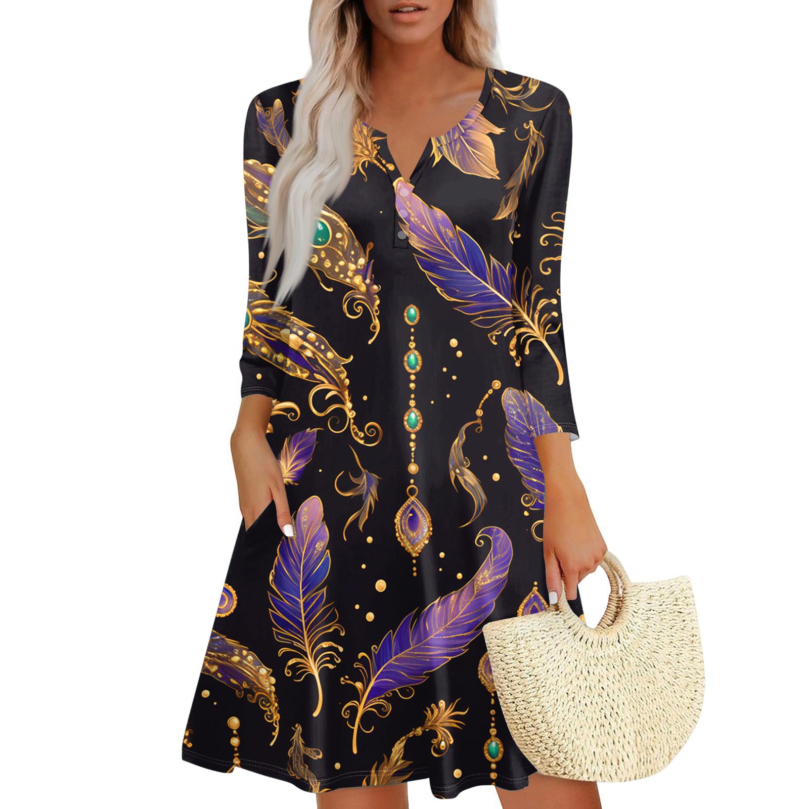 

Women s Dress Loose V Neck Three-quarter Sleeve With Pockets Dress M чорний