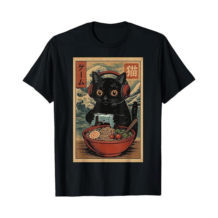 Round Cute Cat Smoke Hot Lamian Noodles Cartoon Printed T-shirt Vintage Pure Cotton Personality Short Sleeve for Men and Women