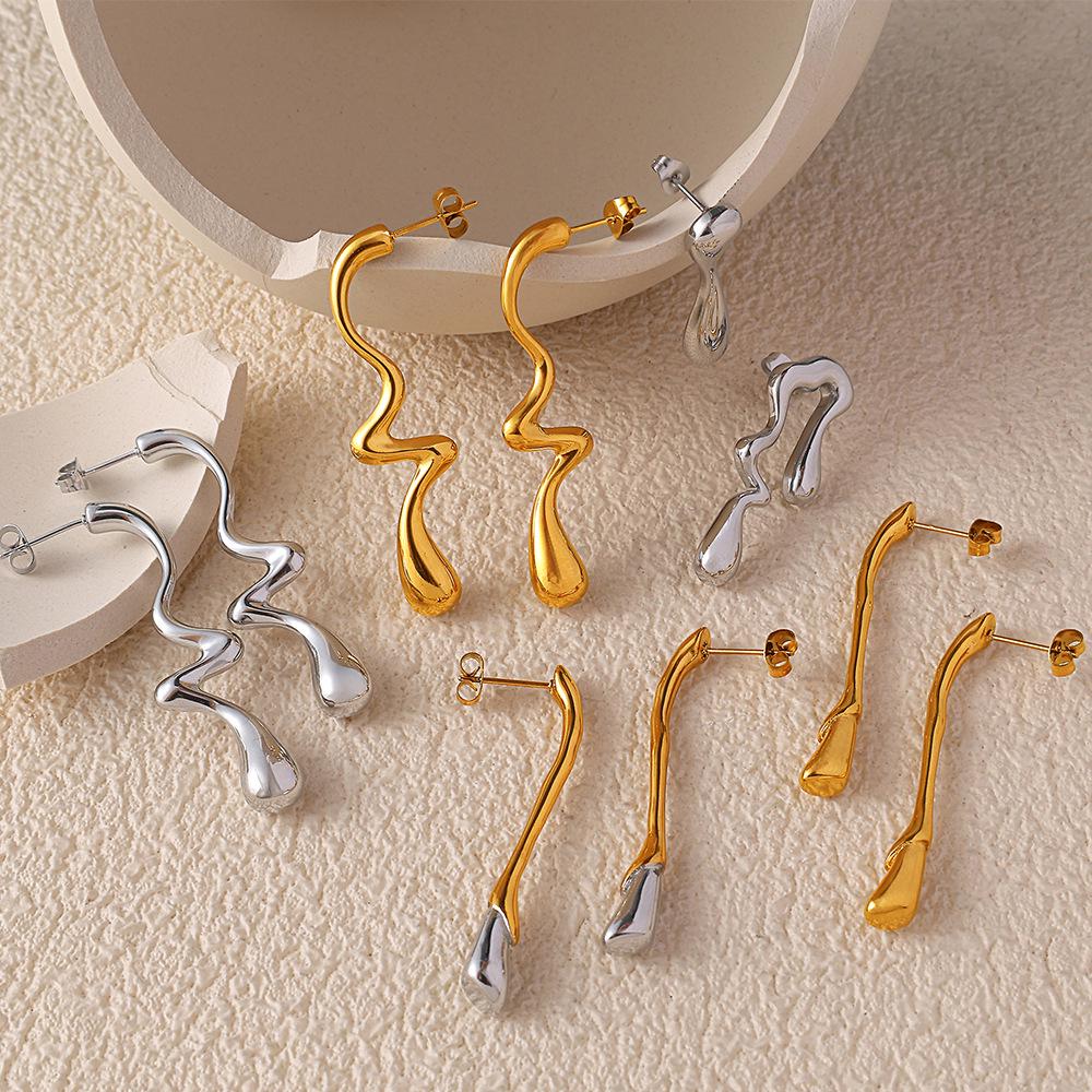 Retro Lava Irregular Titanium Steel Water Drop Stud Earrings for Women