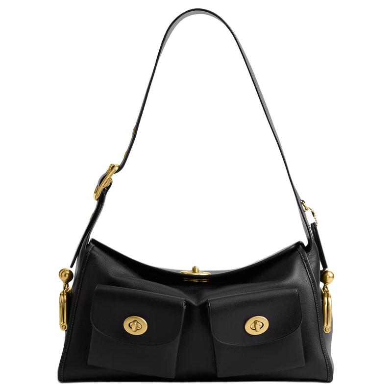 

COACH Originals 36 Gold Hardware Leather Shoulder Bag Large Women s Black чорний