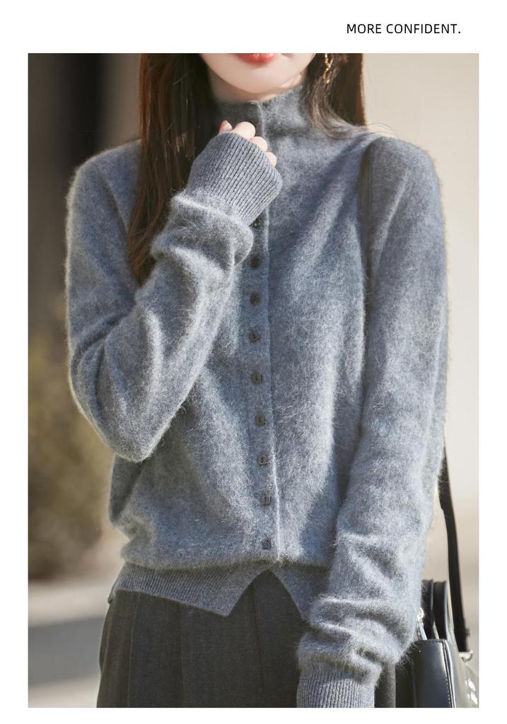 Retro Chic Wool Brushed Button-Up Cardigan - Versatile Autumn & Winter Women's Style with Rolled Hem and Neckline.