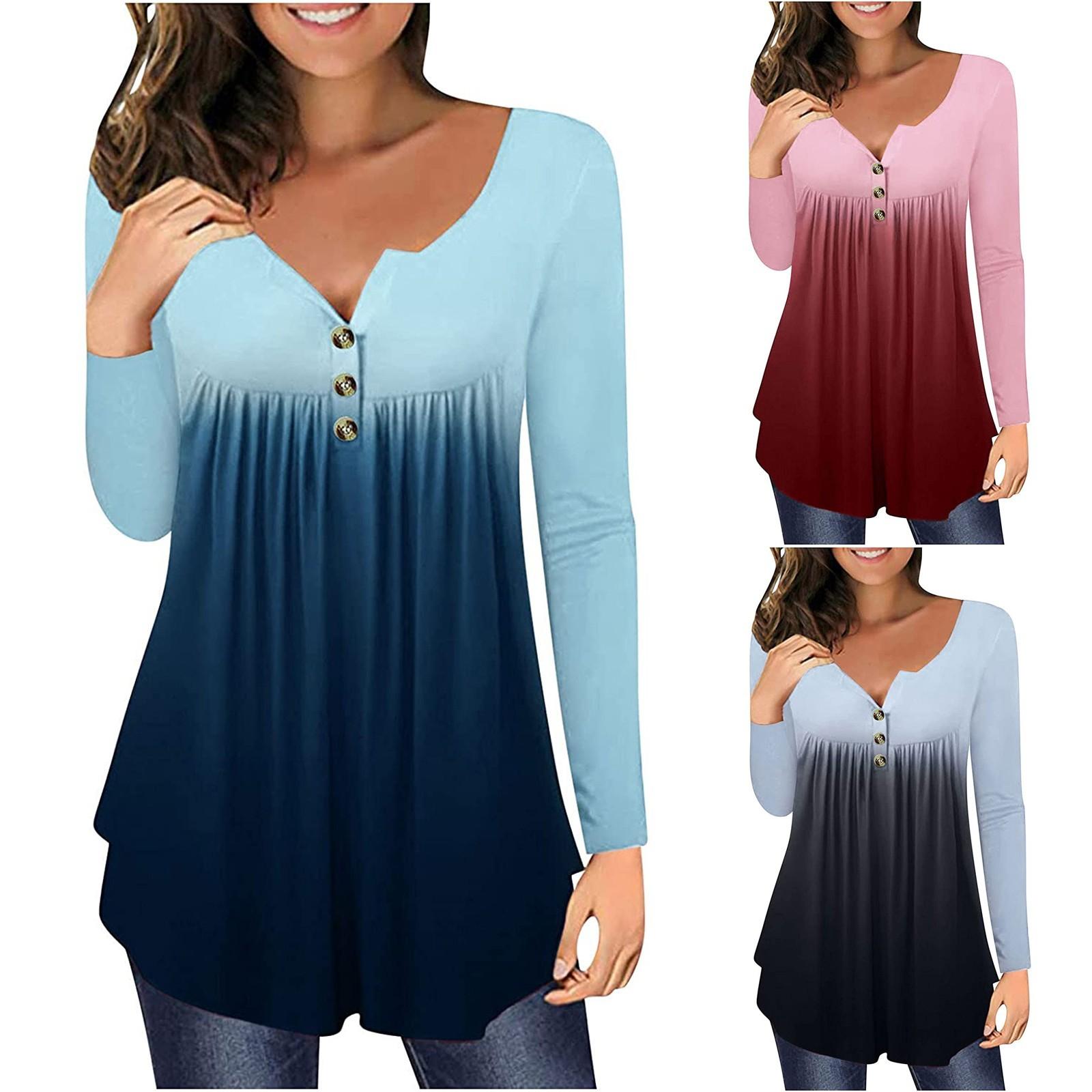 

Женская повседневная футболка с длинными рукавами и круглым вырезом с градиентным принтом и пуговицами Топ