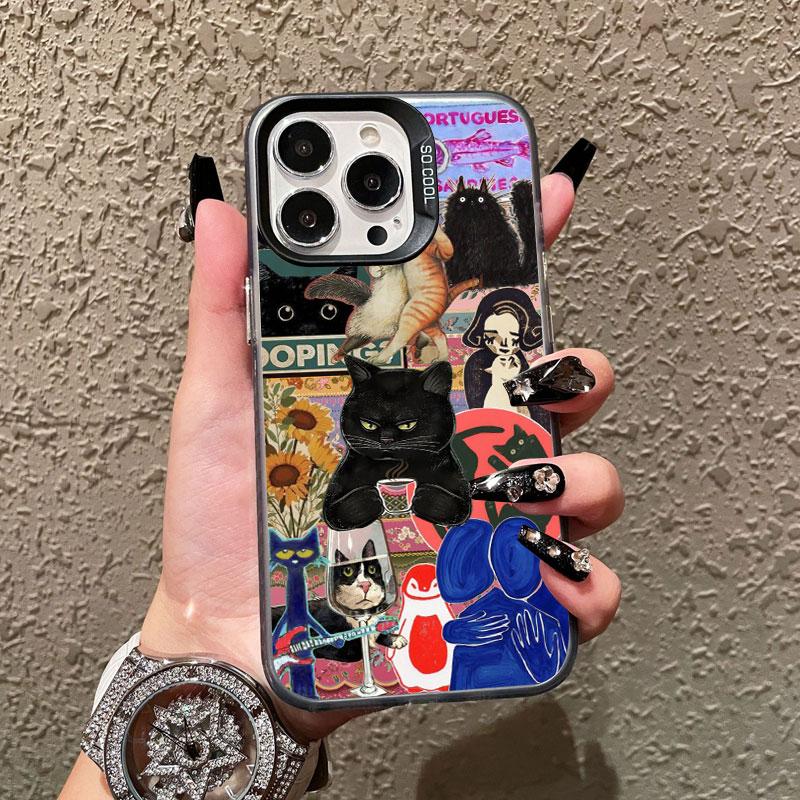 New Cute Black Cat Graphic Montage Laser Phone Case For iPhone 17 15 16 Pro Max Plus 14 13 12 Mini 11 Pro Max Shockproof Cover