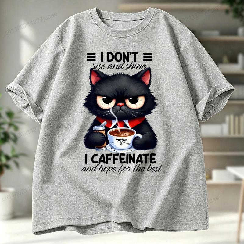 Funny Coffee Loving Cat Vintage Men's T-shirt Fun Quirky Style Humor Animal Graphic Unisex Trend Hip Hop Streetwear Tee Shirts