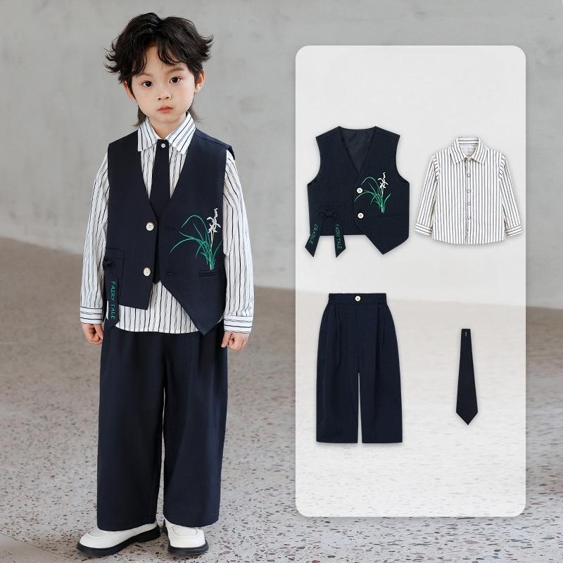 Kids Boys Chinese Style Formal Suit Set Orchid Embroidered Vest Striped Shirt Pants Gentleman Outfit for Wedding Birthday Party