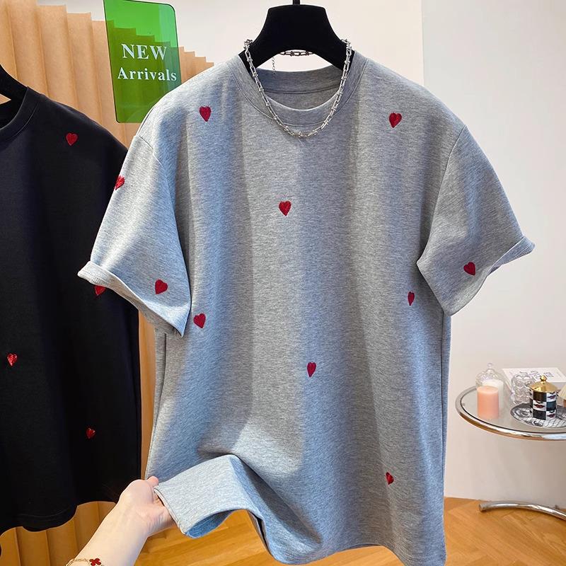 Heart Embroidery Women's European Style T-shirt - Short Sleeve, Loose Fit, Pure Cotton, 2025 Spring Collection