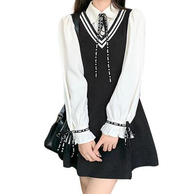 LAVASEON Dress with Mini Elastic and Ruffled Mori Princess Perfect for School School-Style Ribbon, Length, Mass-Produced, Short/Long Sleeves, Waist,