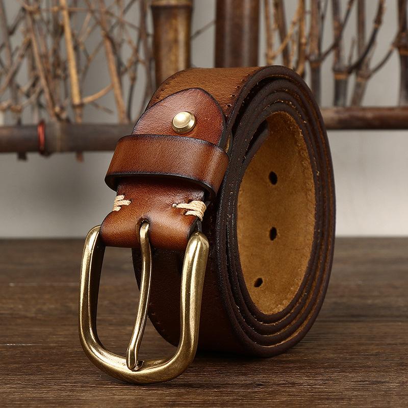 Belt Men's Retro Personalized Trendy Hollow First Layer Cowhide Leather Pin Buckle Casual Denim Belt Men's