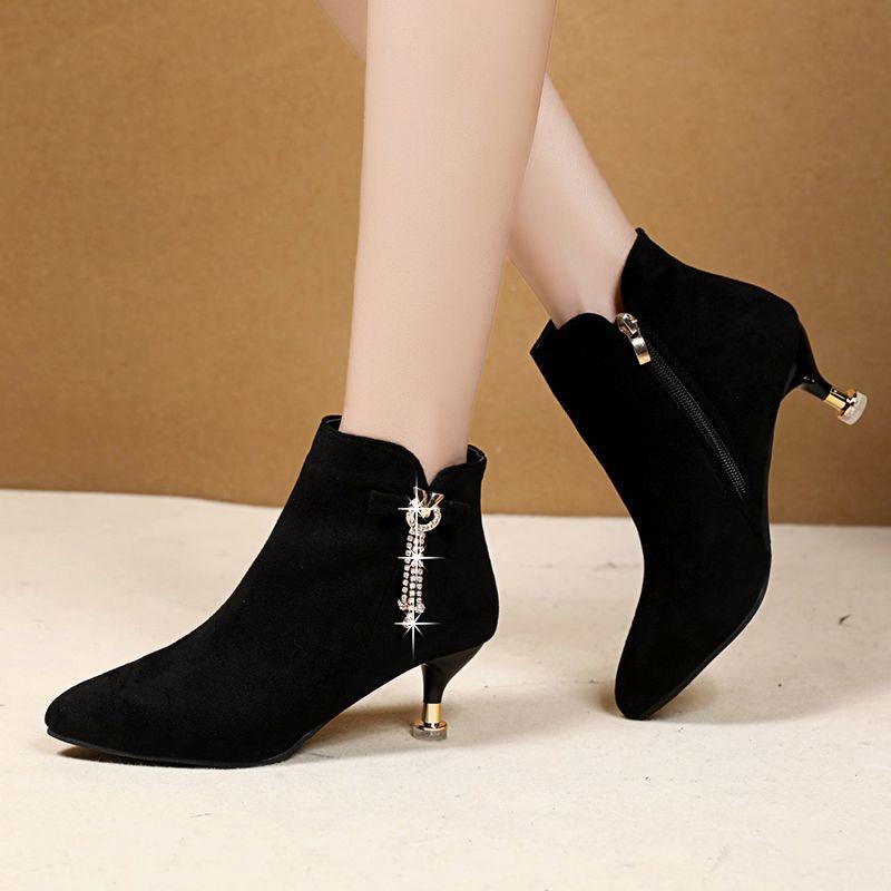 Fashion Booties Suede Black Stiletto Heel Ankle Boots for Women Rhinestone Comfortable and Elegant On Promotion Sale Woman Short Shoes