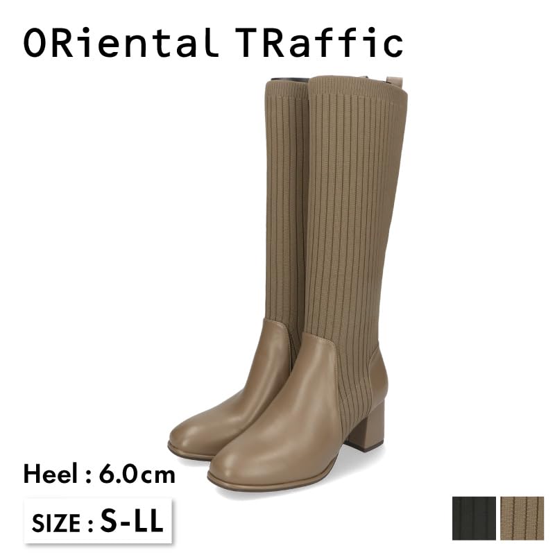 Oriental Traffic Long Boots for Knit 6cm cm Women, Knee-Length, Material, Heel, Soft, Stretchable, 31509, Black, 24.0-24.5