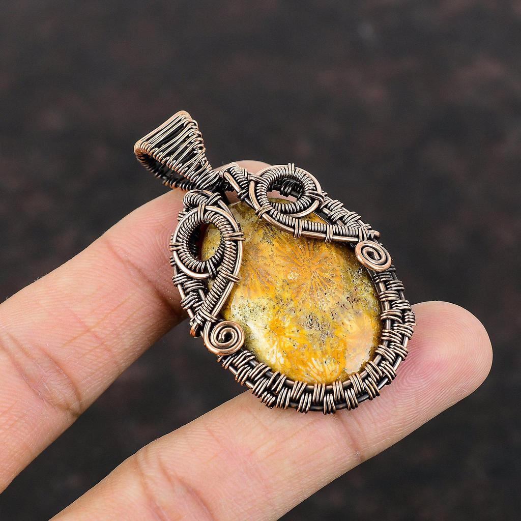 Fossile Koralle Edelstein Anhänger Kupferdraht gewickelt Anhänger Handgemacht Fossil Koralle Schmuck Brandneuer Anhänger Unikat Kupfer Schmuck Geschenk für Mama