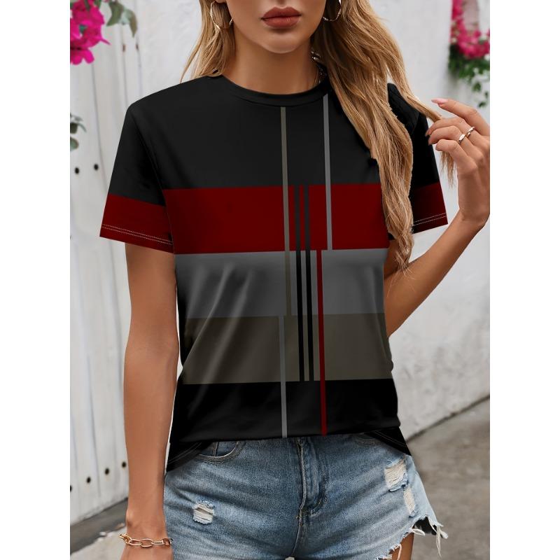 ummer Round Neck Color - Block Stripe 3D Print Top Fashionable Casual Short Sleeved Women's T-shirts