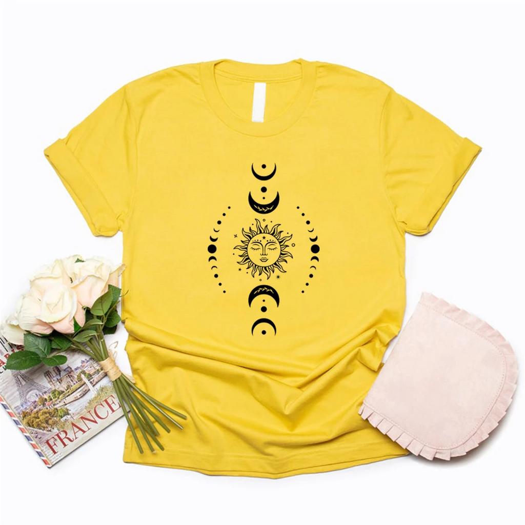 Sun and Moon Stars TShirt Celestial Tshirt Boho Sun Moon TShirts Women Short Sleeve T Shirts Retro Mystical Tee Women Clothes
