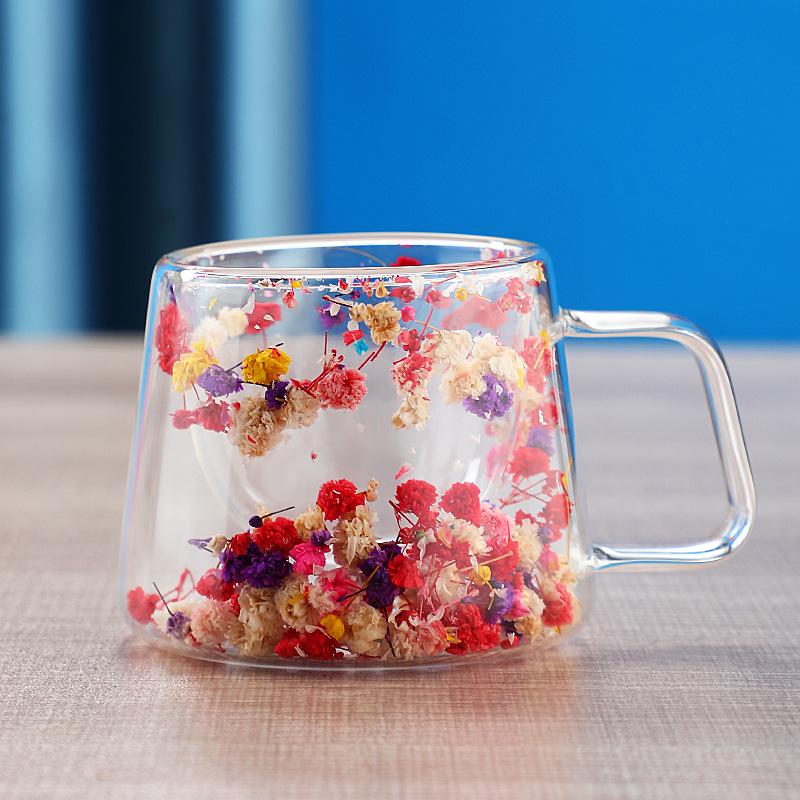 High Appearance Double Layer Petal Quicksand Glass Cup with Real Dried Flowers