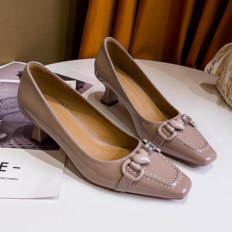 Square head single shoes shallow mouth women's shoes new patent leather red wedding shoes niche temperament high heels women's stiletto