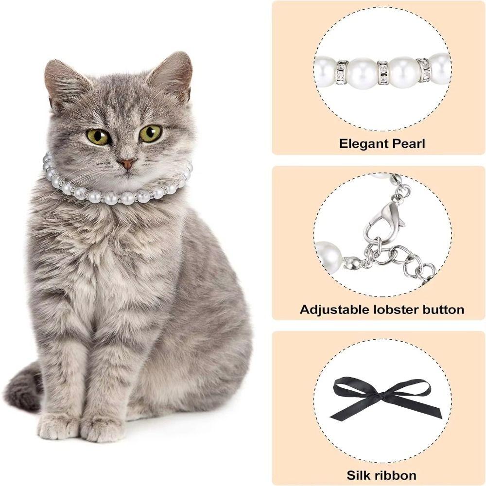 Bling Cat Bead Collar Adjustable Pet Simulated Pearl Collar Fashionable Cat Princess Collars  Party