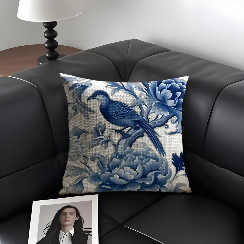 Blue Pattern Hot Cushion Cover Natural Linen Organic Fabric DoubleSided Printing Sofa Home Decor Gift Pillow Case