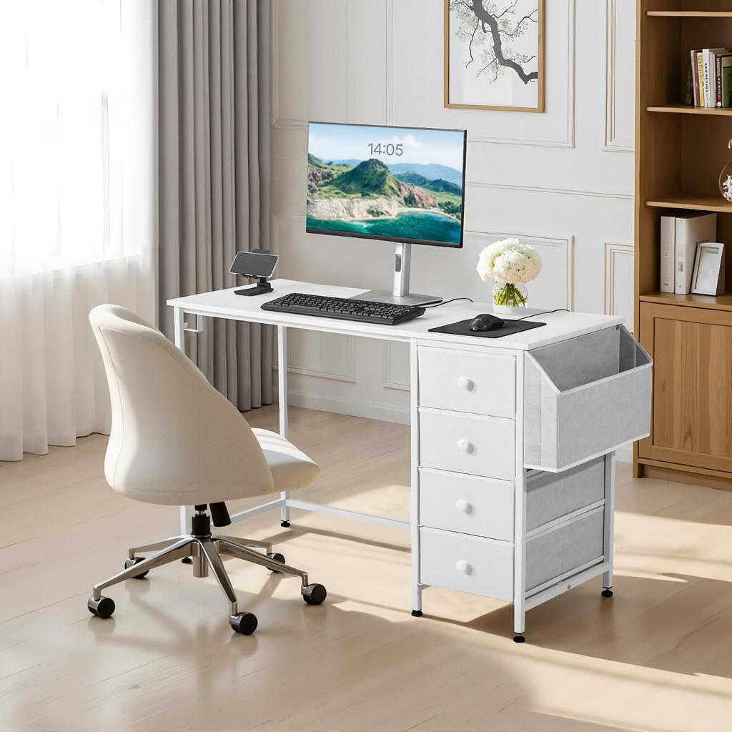 Computer Desk with Fabric Drawers, 120 Cm Reversible Study Work Writing Desk for Modern Home Office Bedroom, Simple Modern Cute PC Table Metal Frame
