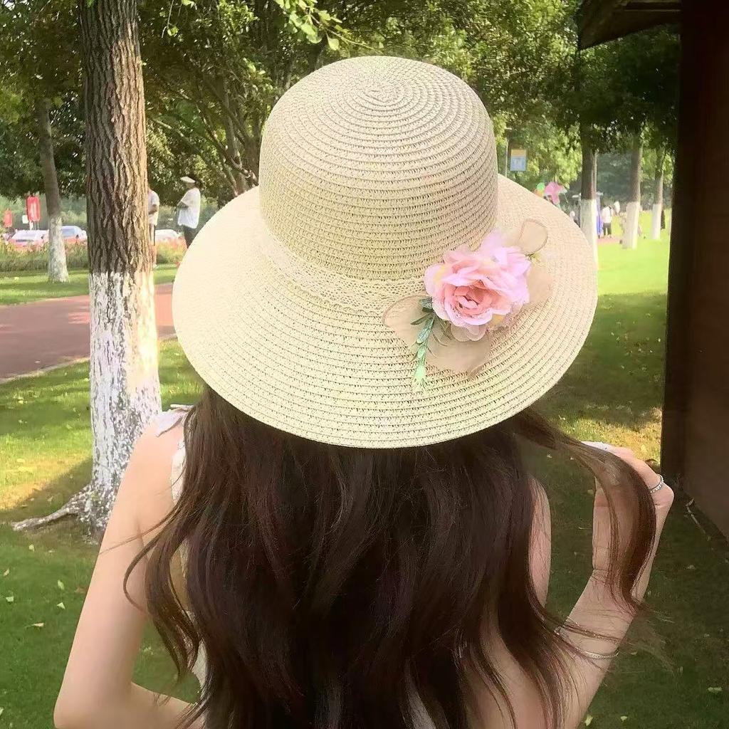 2026 Girls Floral Ribbon Straw Hat Summer Breathable Sun Hat Women Fashion UV Protection Woven Cap Gift