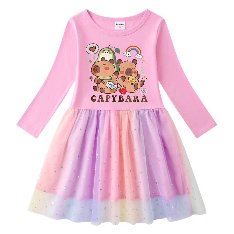 Korean Style Girls' Princess Dress with Rainbow Sequins, Mesh Pleats, and Stars - Short and Long Sleeve Options for Spring, Summer, and Autumn.