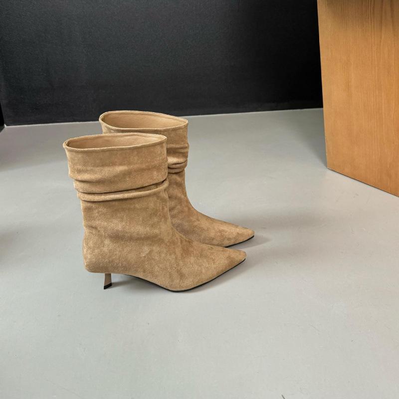 

2025 осень и зима новые ботфорты женские замшевые с острым носком на тонком среднем каблуке короткие ботинки женские с голенищем ковбойские женские короткие ботинки 40 хаки