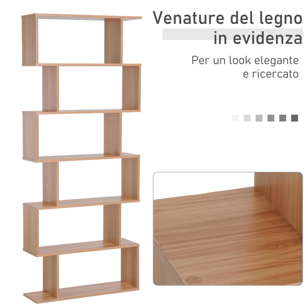 Libreria, Libreria S-Shaped a 6 Ripiani, Unità di Archiviazione, Scaffale Espositore per Soggiorno, Camera da Letto, Studio, Piante, Acero