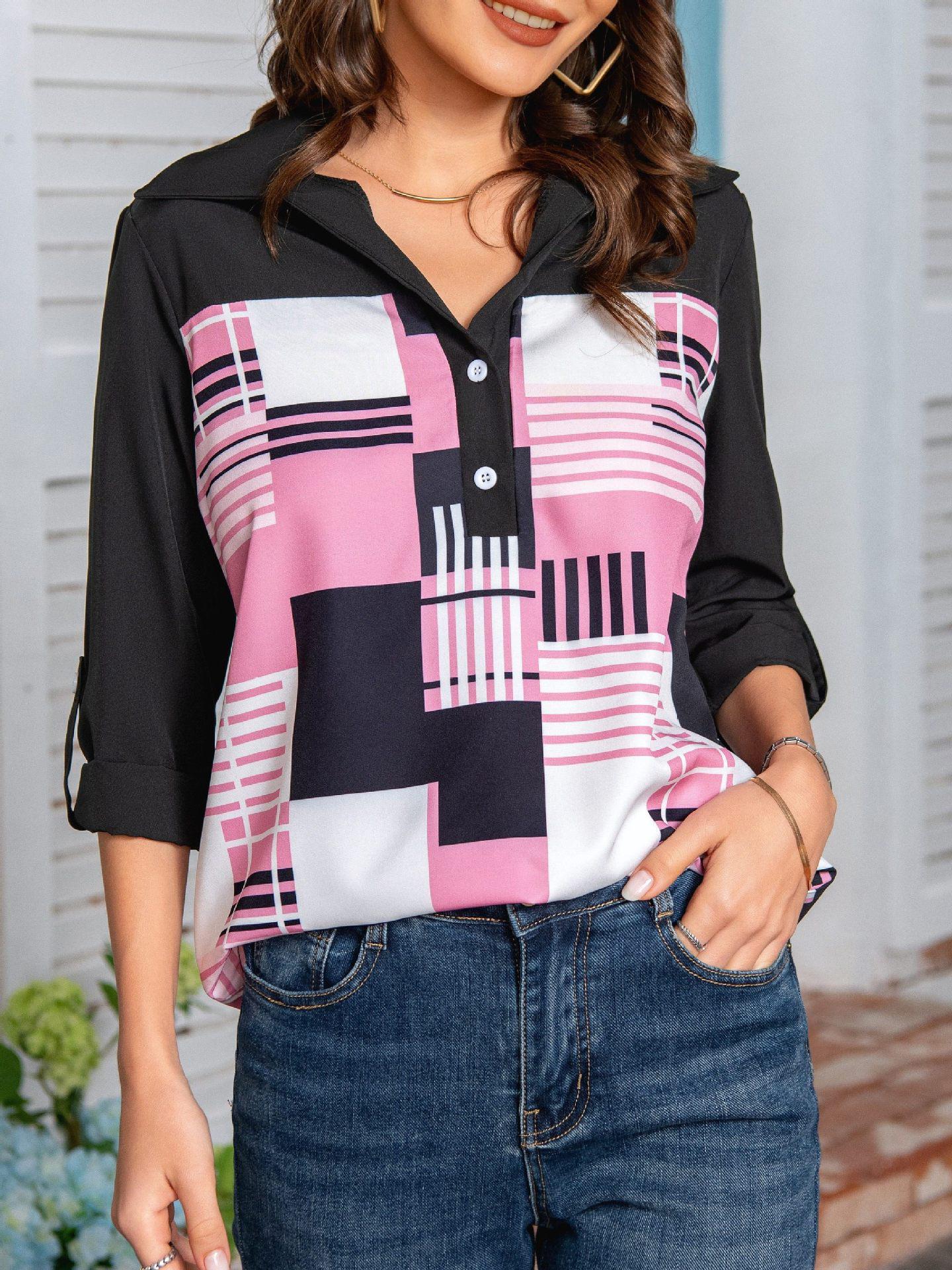 

Женская рубашка в европейском и американском стиле с модным принтом и рукавом 3/4 L фуксия