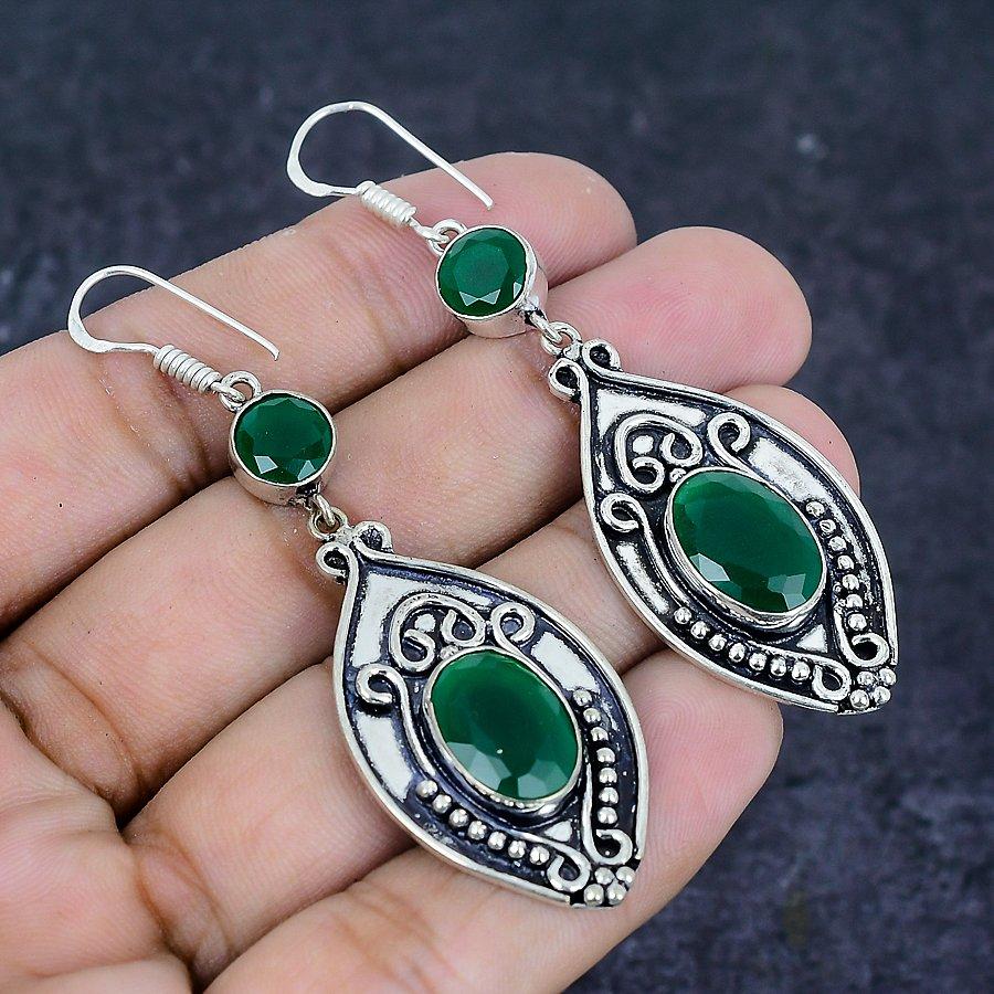 Natural Green Onyx Gemstone Handmade 925 Sterling Silver Earring 2.76" E1I80