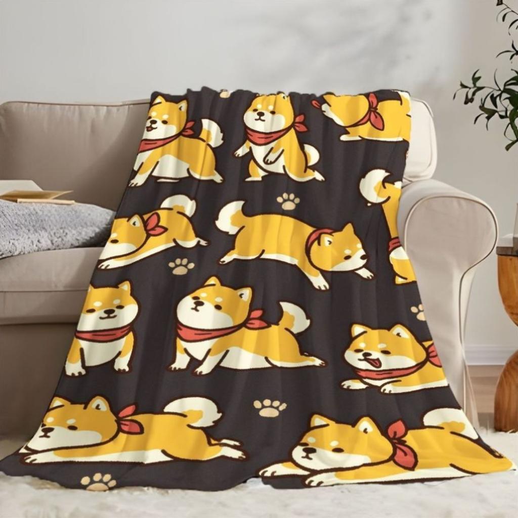 Cute Shiba Inu Pattern Flannel Blanket - Bed, Sofa, Office, Travel, Gift, Decoration, Comfortable and Warm, Christmas