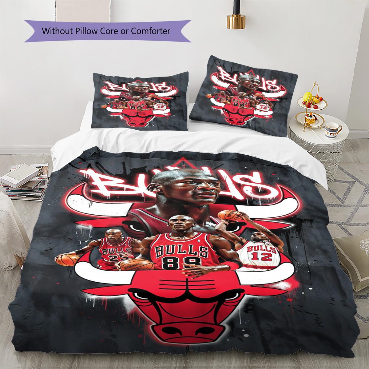 Chicago Bulls Muster Bettwäsche Set Bettbezug Kissenbezug Heimdeko Geschenk (1 Bettbezug + 2 Kissenbezüge, ohne Füllung) 135x200cm