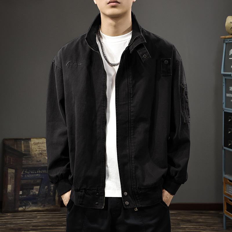 

Мужская куртка из чистого хлопка с воротником-стойкой, американский ретро-трендовый бренд, охотничий топ, свободная вышивка, повседневное пальто 4XL чёрный