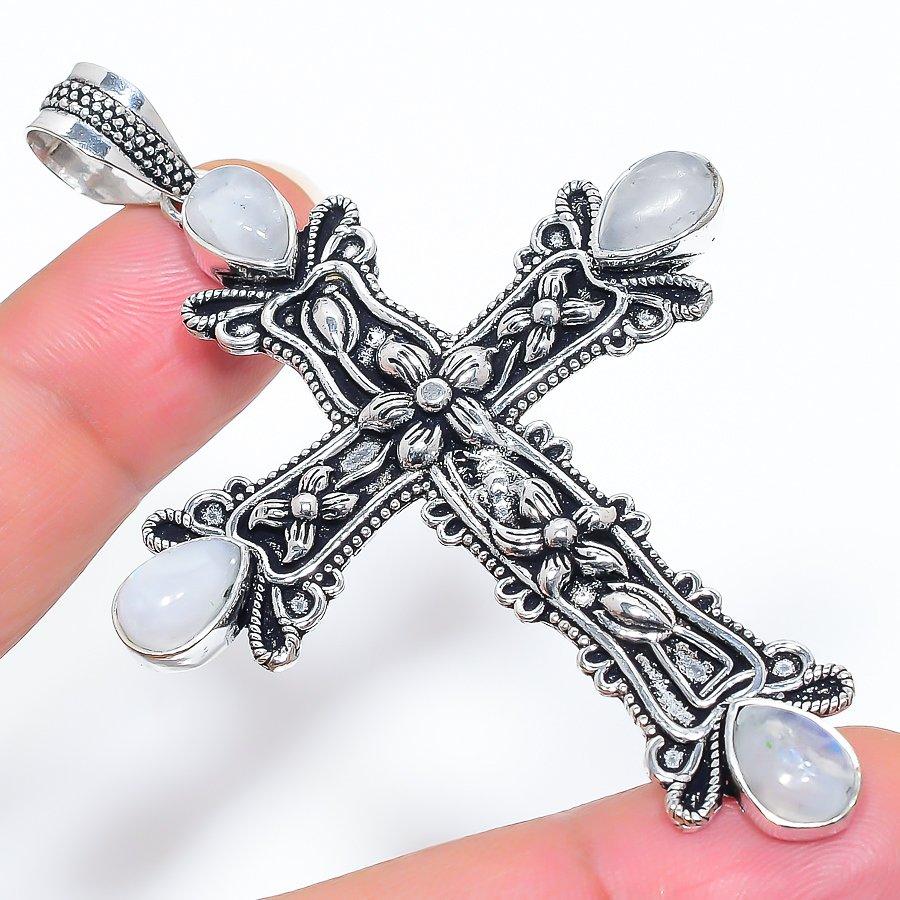 

Cross Rainbow Moonstone Gemstone Handmade Ethnic Jewelry Pendant 3.03 VR-2712