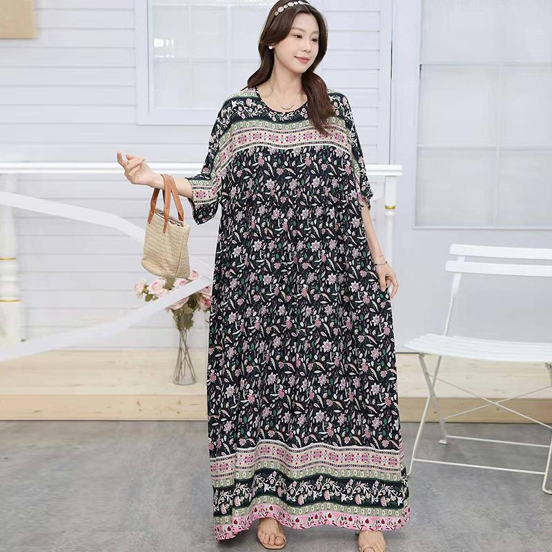 South East Asia 100kg super fat dress fat girl plus short sleeve maternity dress loose floral beach long skirt