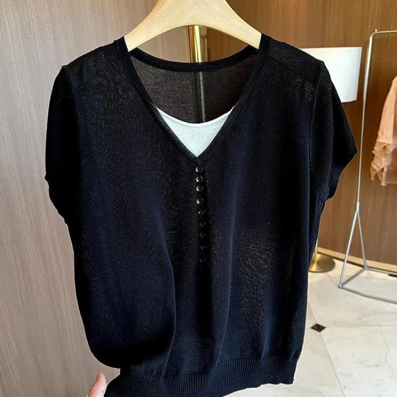 

Womens V Neck Half Button Short Sleeve Knit Top S чёрный