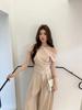 2026 SS Women's Elegant Apricot Pleated Two-Piece: Off-Shoulder Top & Wide-Leg Floor-Length Pants