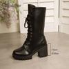 Herbst Damen Mid-Calf Stiefel Blockabsatz Runde Zehenpartie Plateau Stiefel Schwarzes Leder Seitenreißverschluss Botas Mujer Große Größe 35-43 Mode